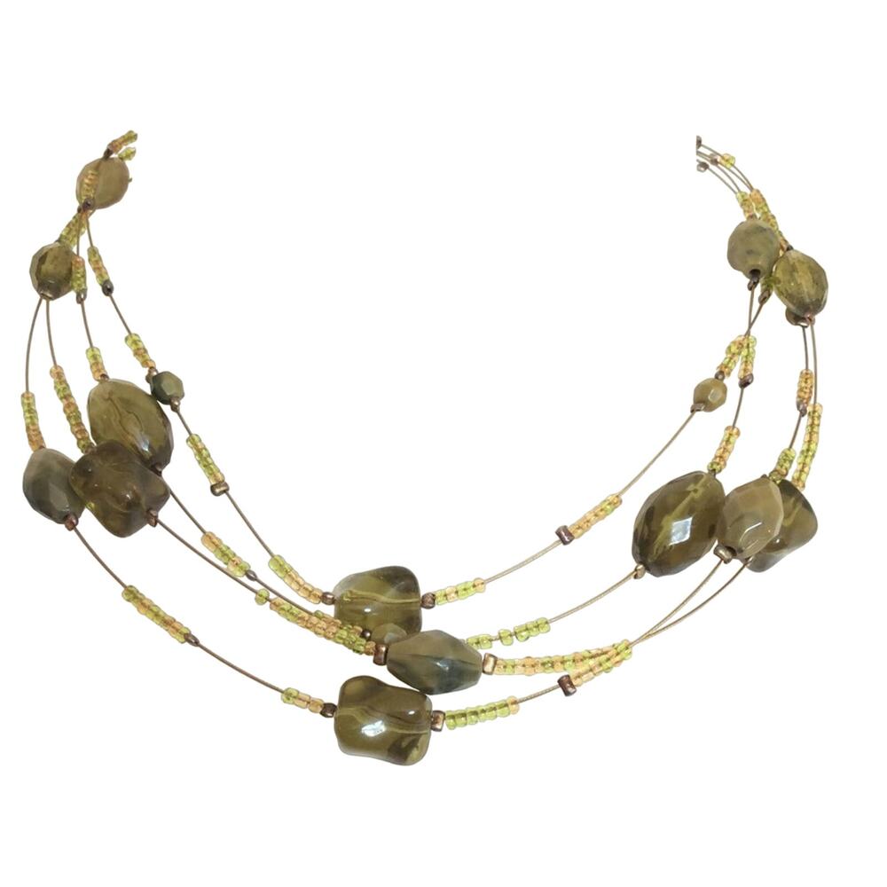 Beaded Green Gold 3 Strand Choker Necklace